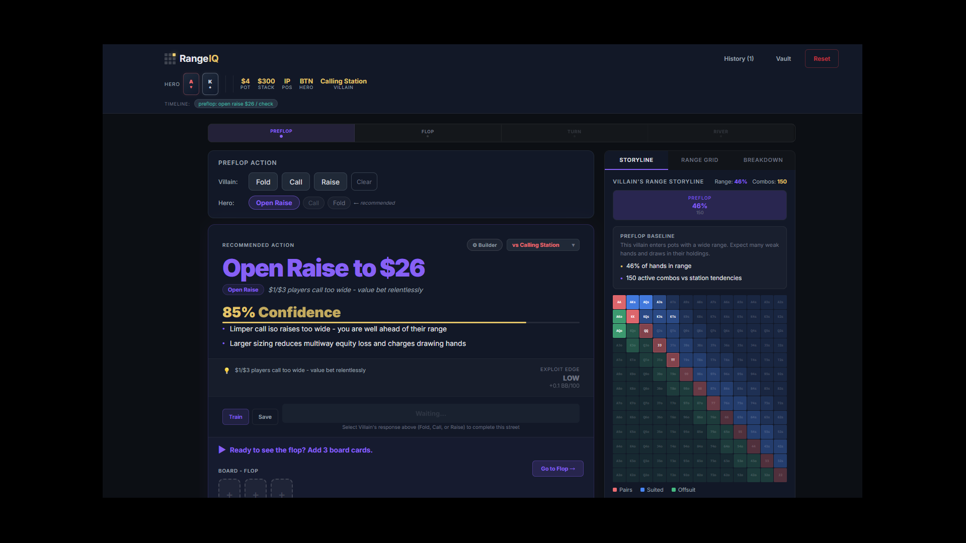 RangeIQ engine showing recommendation against a Calling Station: open raise to $26 with 85% confidence